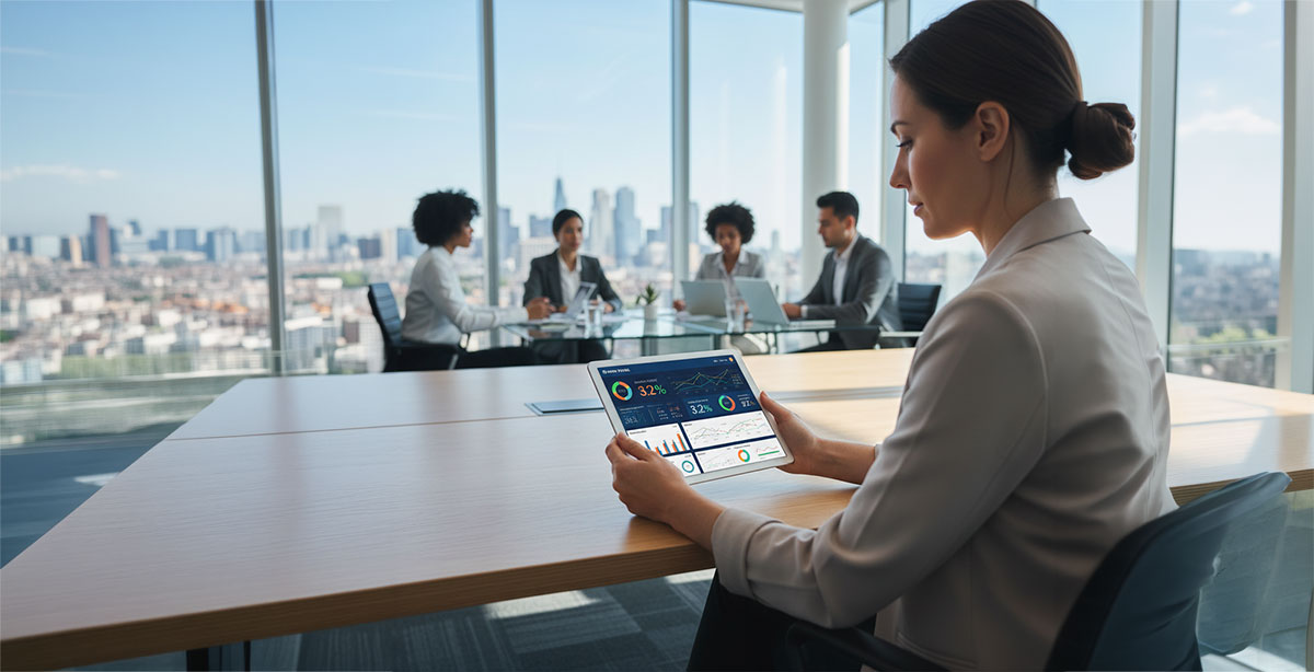 An analyst viewing performance analytics on a partner portal dashboard on a tablet.