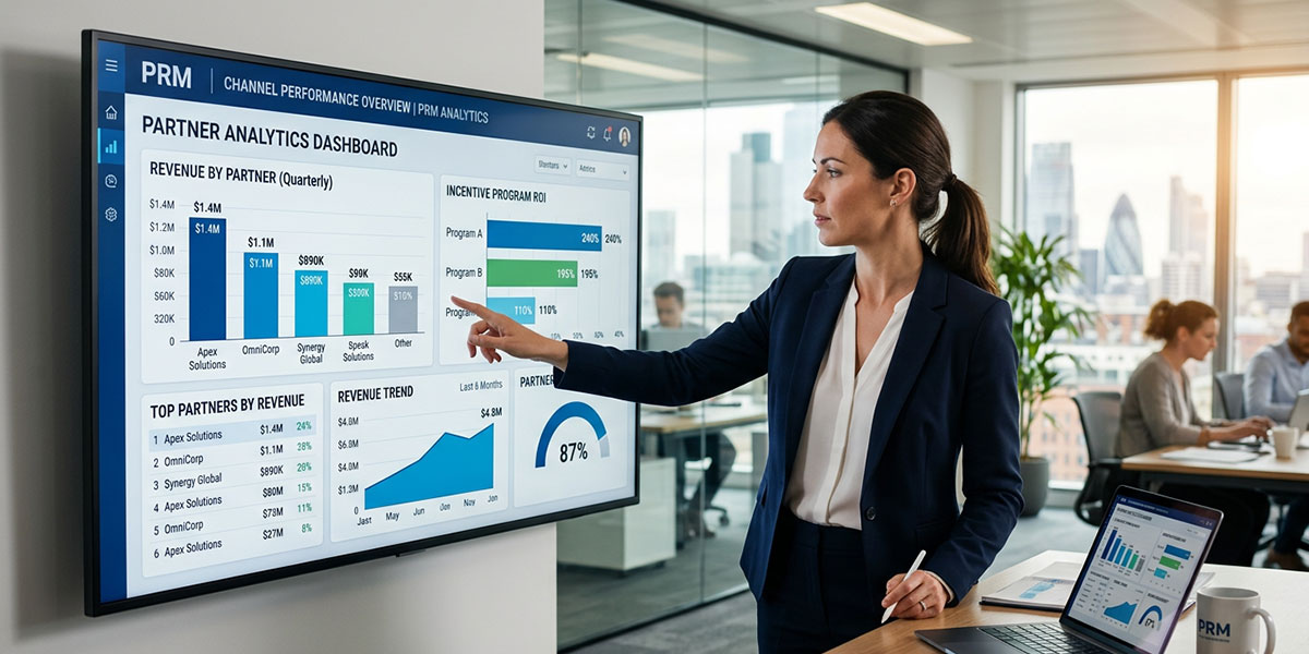 A business intelligence dashboard within a PRM showing key channel performance indicators like revenue by partner and incentive program ROI.