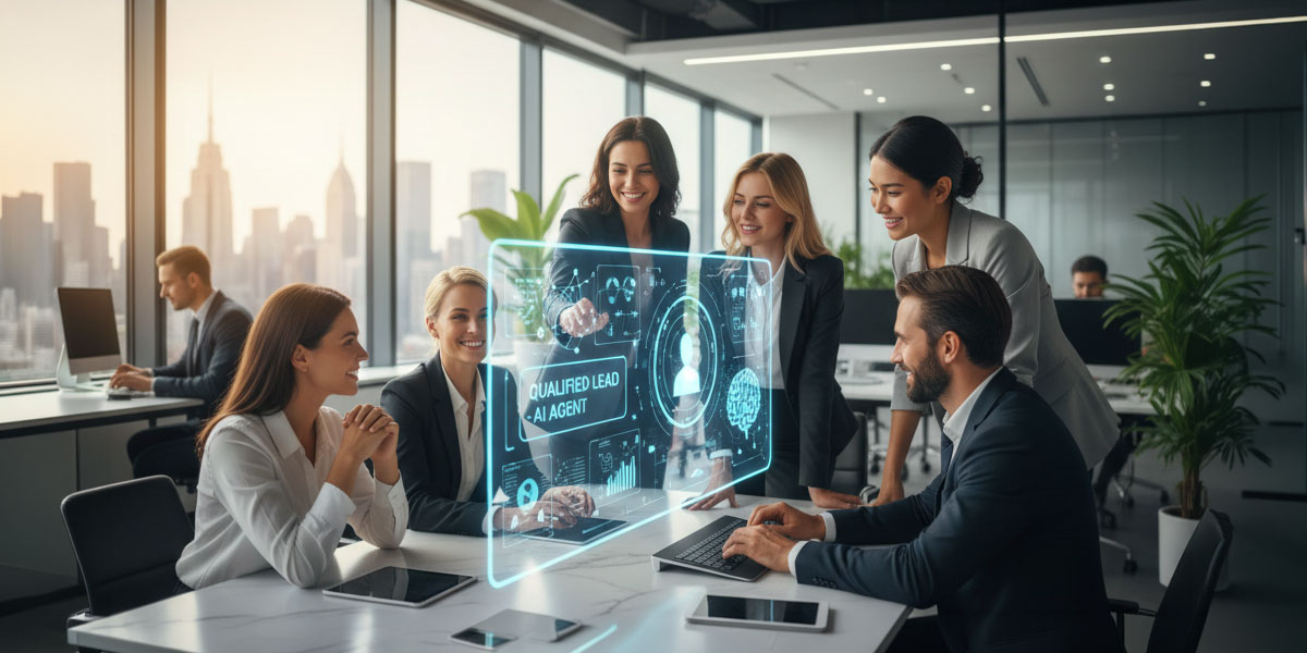 Sales team collaborating on a high-quality lead identified by an AI agent