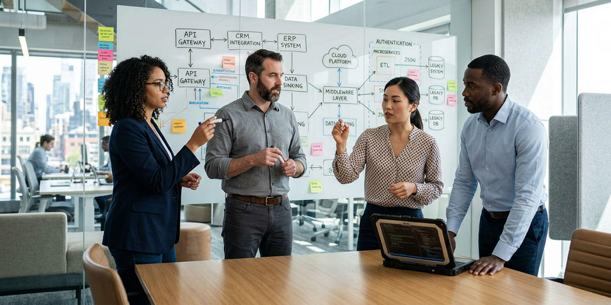 A team of IT professionals working together to solve integration challenges on a whiteboard.