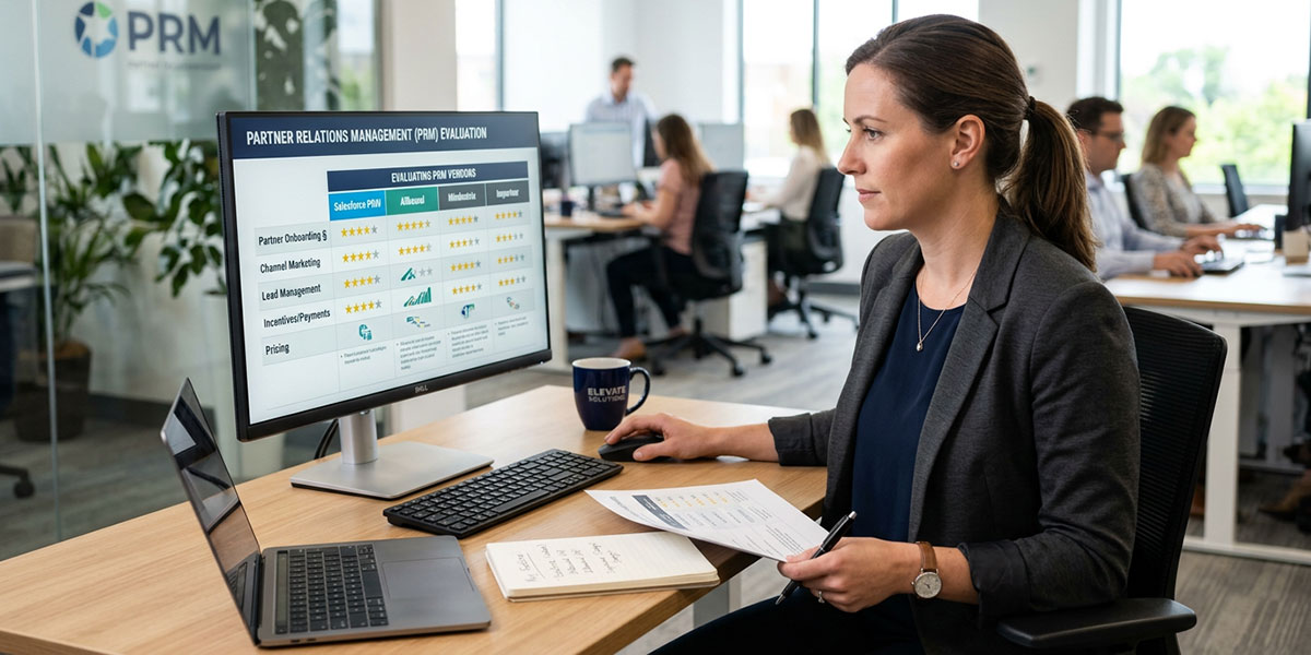A person evaluating different Partner Relationship Management software options on a computer screen.