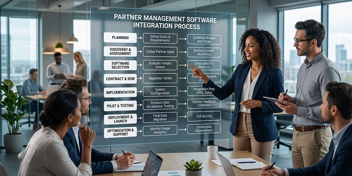 A flowchart illustrating the step-by-step process of integrating partner management software, from planning to launch.