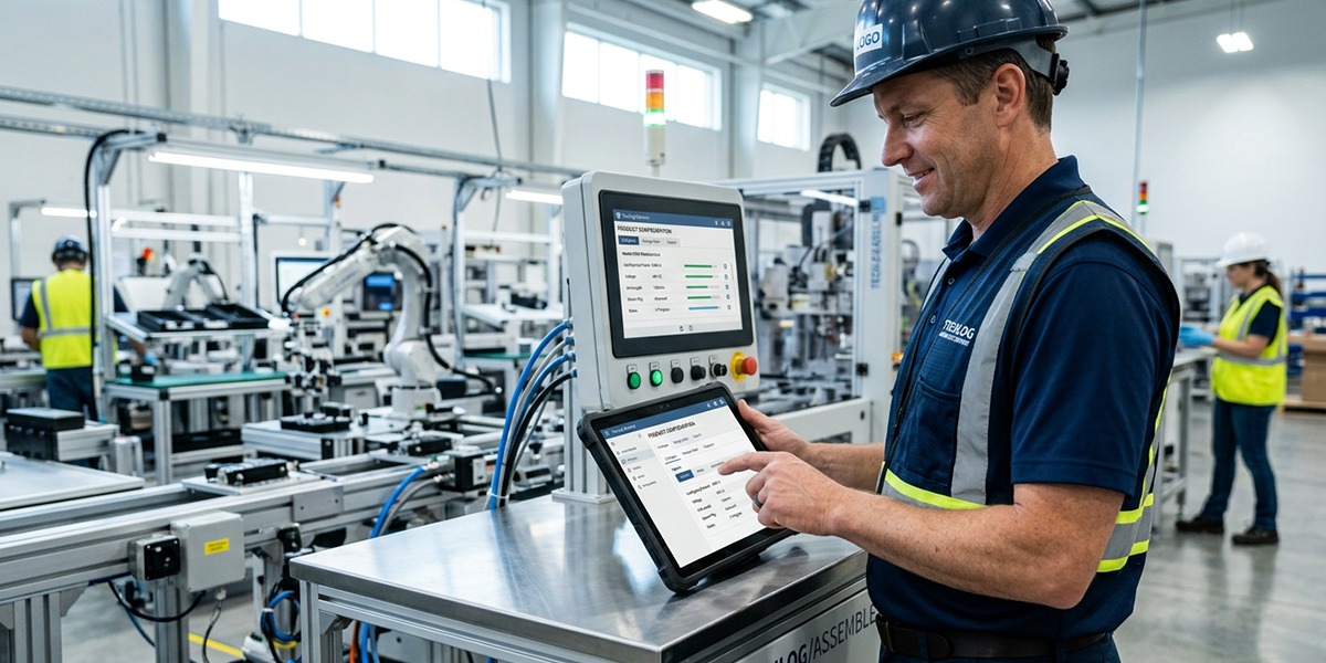 A manufacturing partner using a tablet to access a PRM portal to configure a product.