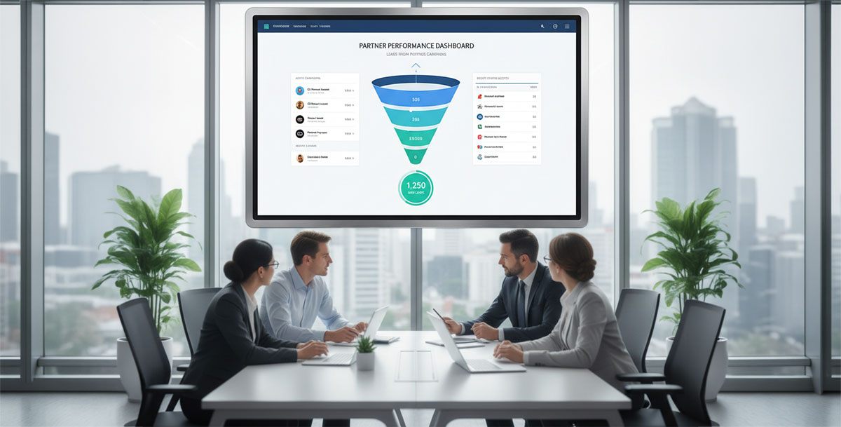 A marketing funnel diagram displayed within a partner portal interface, showing leads generated from partner marketing campaigns.