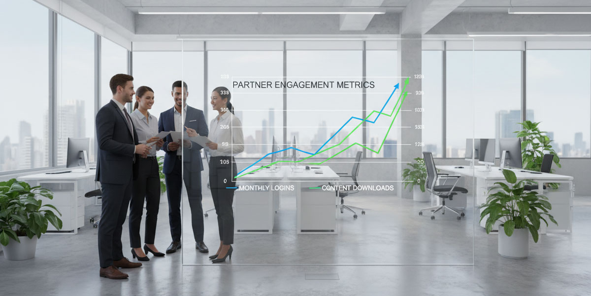 A chart showing rising partner engagement metrics like logins and content downloads on a partner portal.