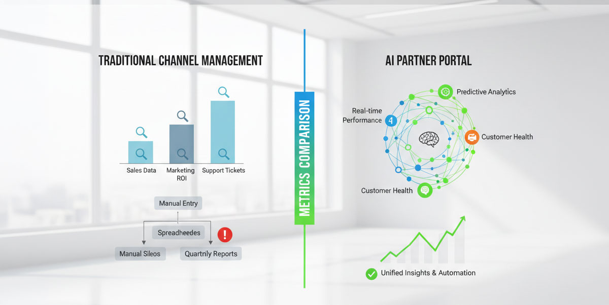 An infographic comparing traditional channel management with an AI-powered partner portal's approach to metrics.