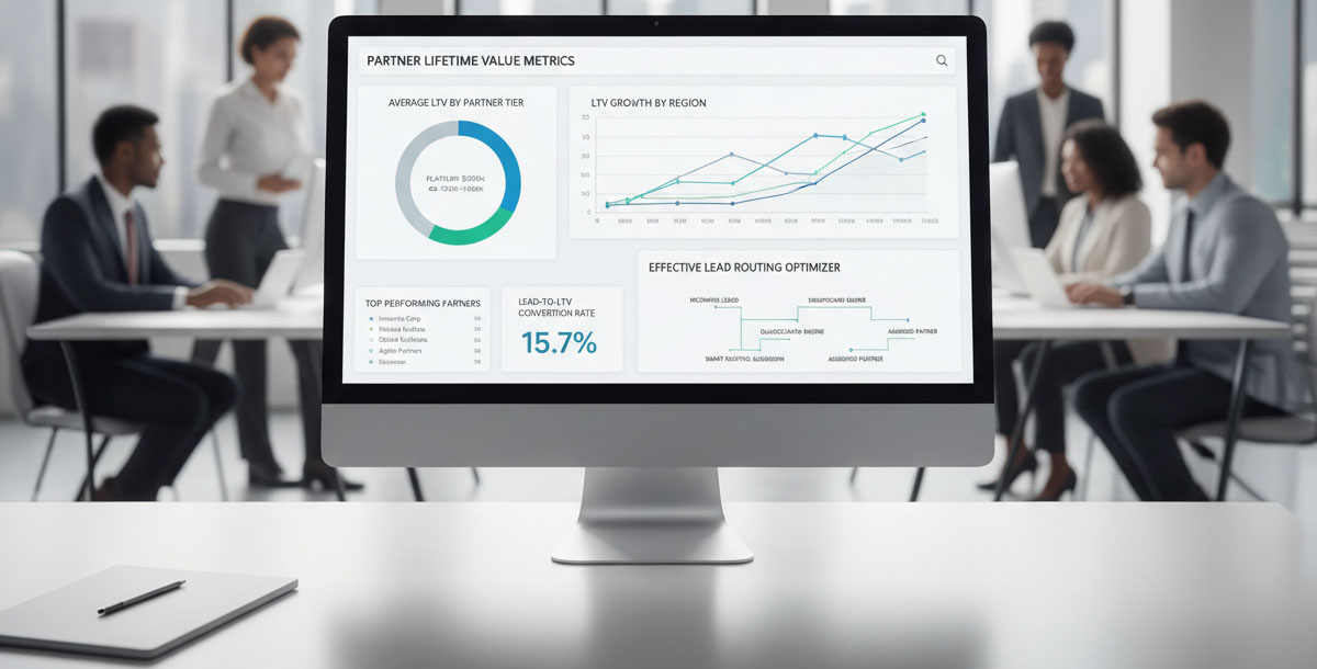 A dashboard displaying various partner lifetime value metrics for effective lead routing.