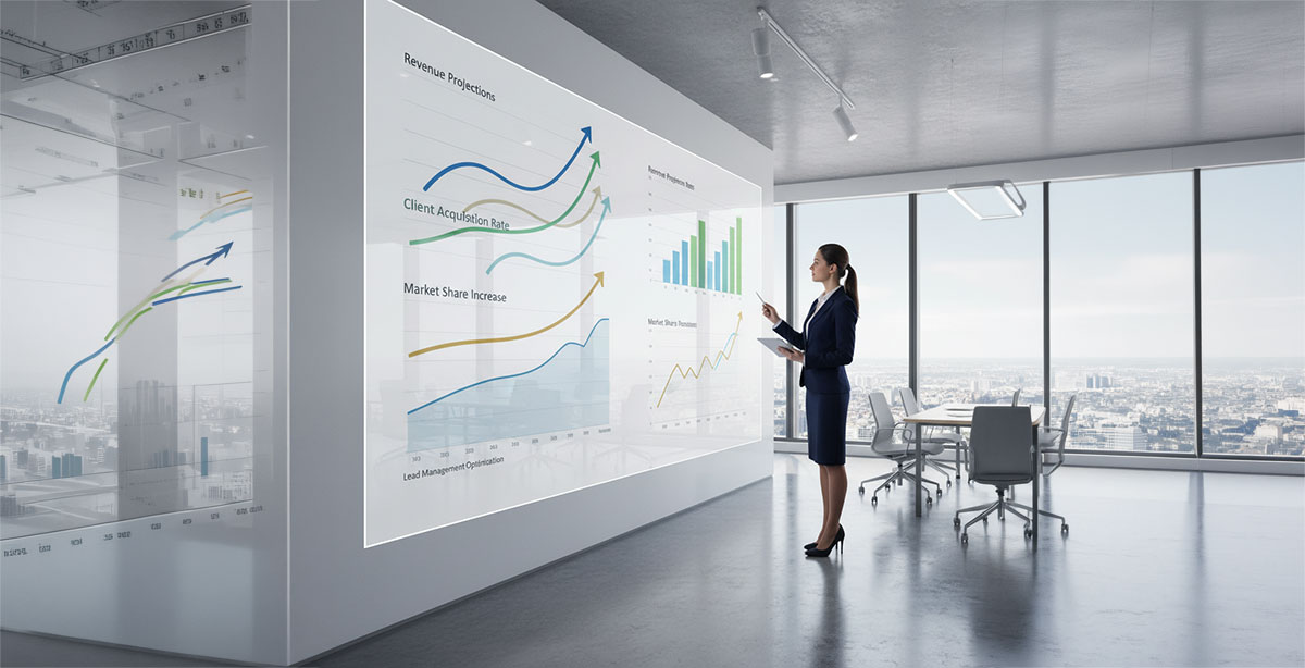 A business executive reviewing long-term growth charts resulting from better lead management.