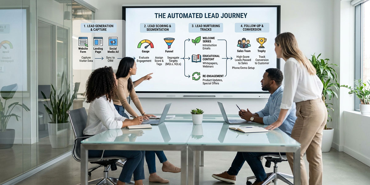 A workflow diagram illustrating the lead generation and nurturing process within a marketing automation platform.