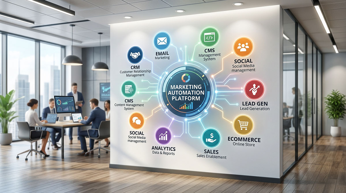 A graphic showing various business application icons connecting to a central marketing automation platform hub.