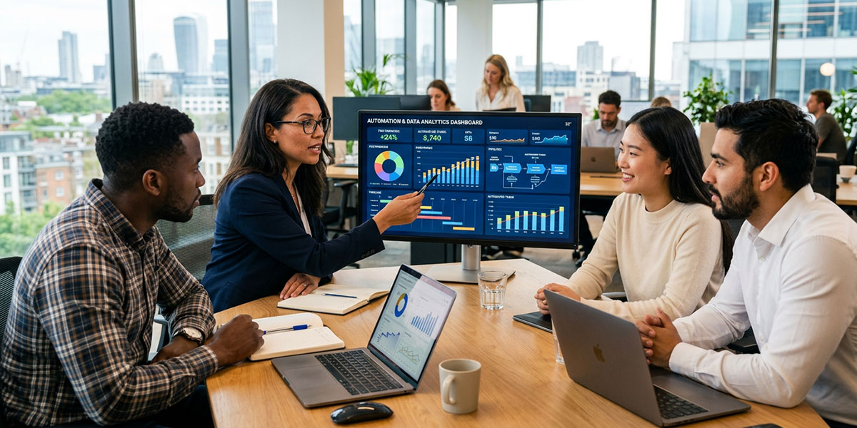 A diverse team of professionals collaborating around a computer displaying graphs and data from automation tools.