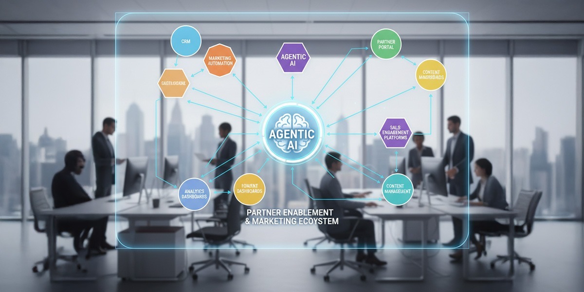 Diagram showing how agentic AI connects various partner enablement and marketing tools.