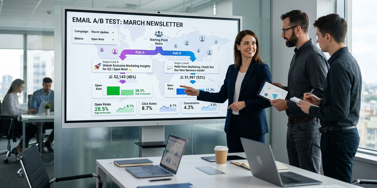 An illustration showing A/B testing with two different email subject lines splitting off to different audiences.