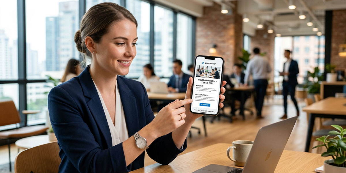 A person holding a smartphone showing a perfectly formatted mobile-responsive email.