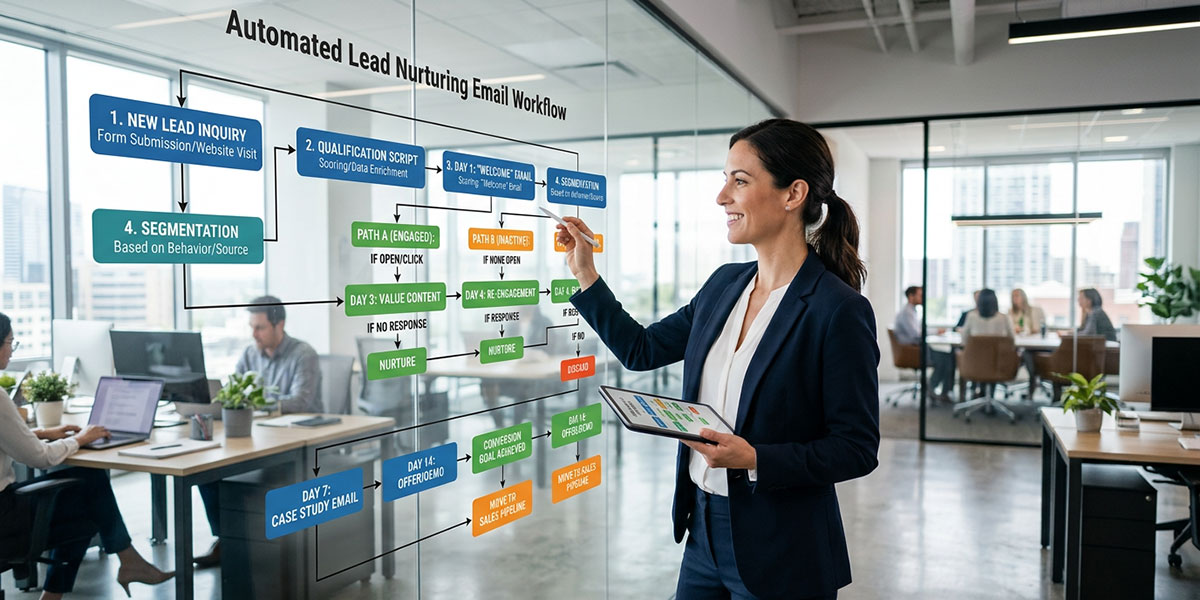 A flowchart diagram illustrating an automated email workflow for lead nurturing.