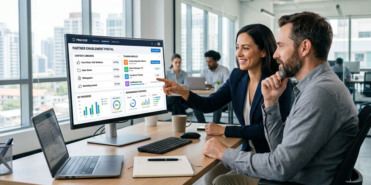 A dashboard within a PRM platform showing partner enablement resources like content libraries and training modules.