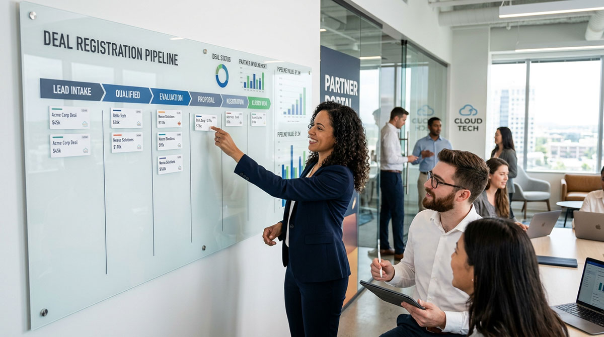A PRM deal registration pipeline showing leads moving through different sales stages.