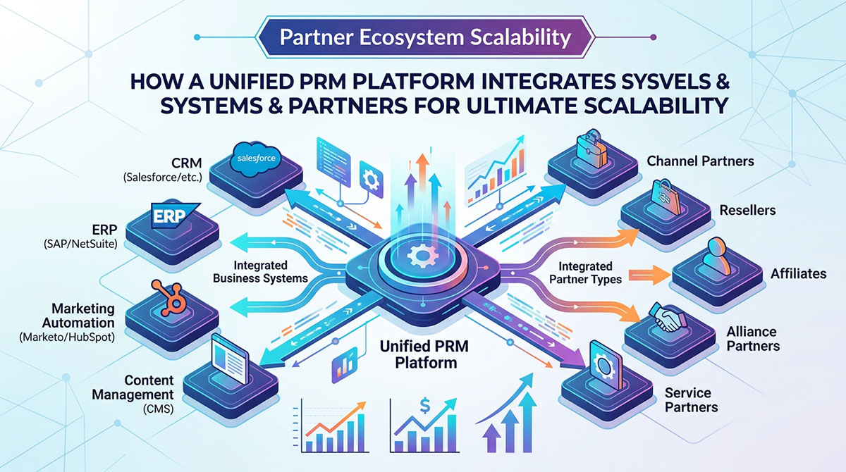 Graphic illustrating how a unified PRM platform integrates various partner types and business systems for ultimate scalability.