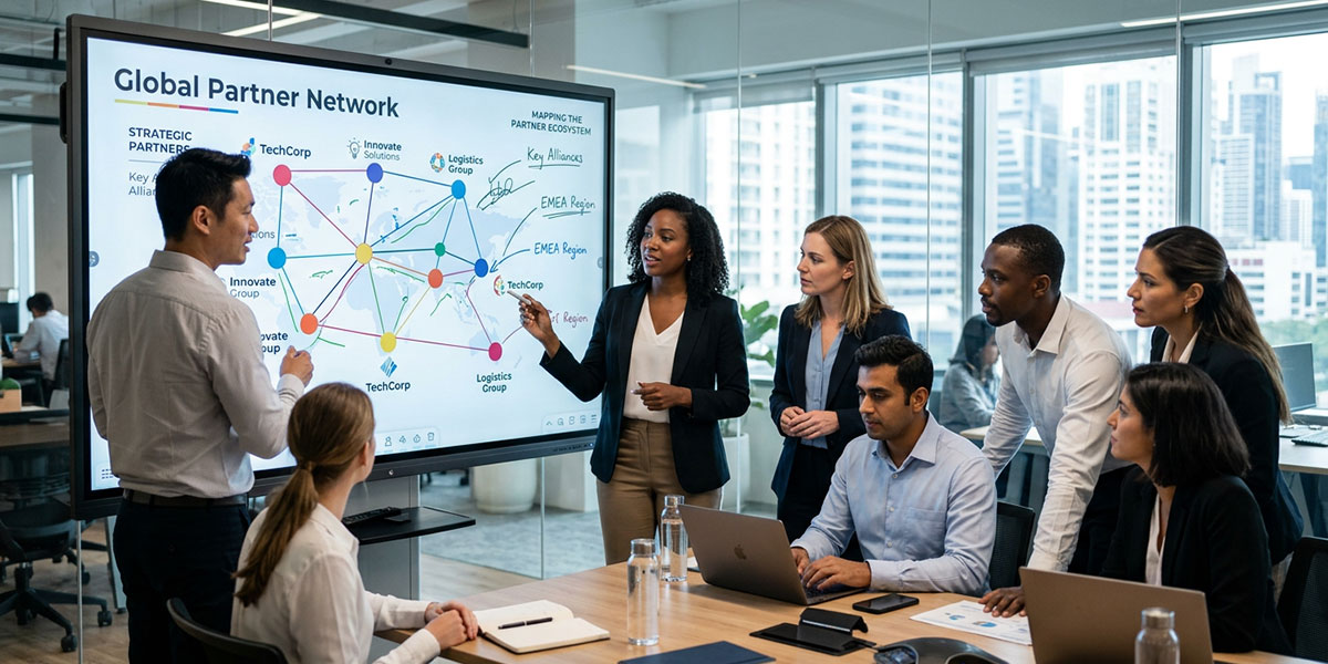 Diverse group of professionals collaborating around a digital whiteboard mapping a partner network