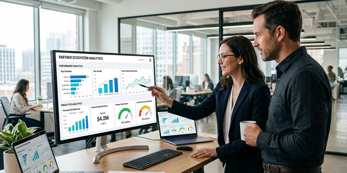 A dashboard showing various performance analytics and predictive analytics charts for a partner ecosystem