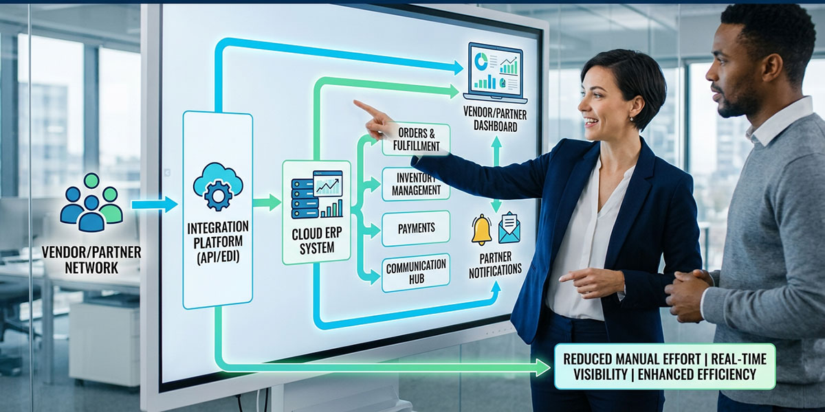 A flowchart illustrating how technology automates workflows connecting vendors and partners