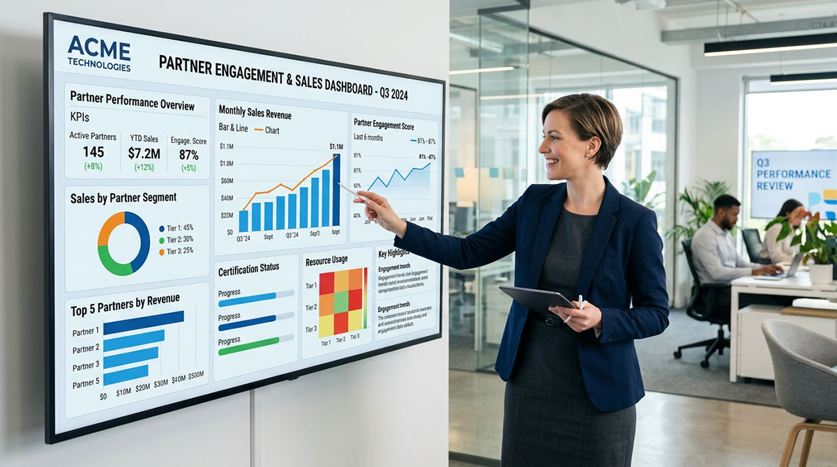 A dashboard showing various performance analytics charts and graphs related to partner engagement and sales.