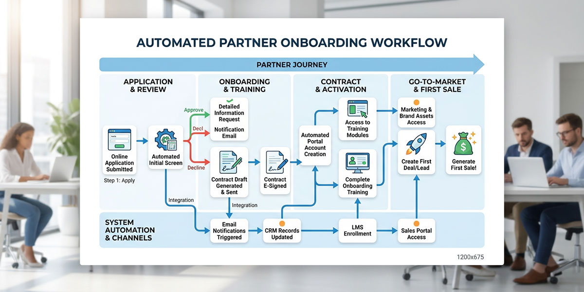 A flowchart illustrating an automated workflow for partner onboarding, from application to first sale.