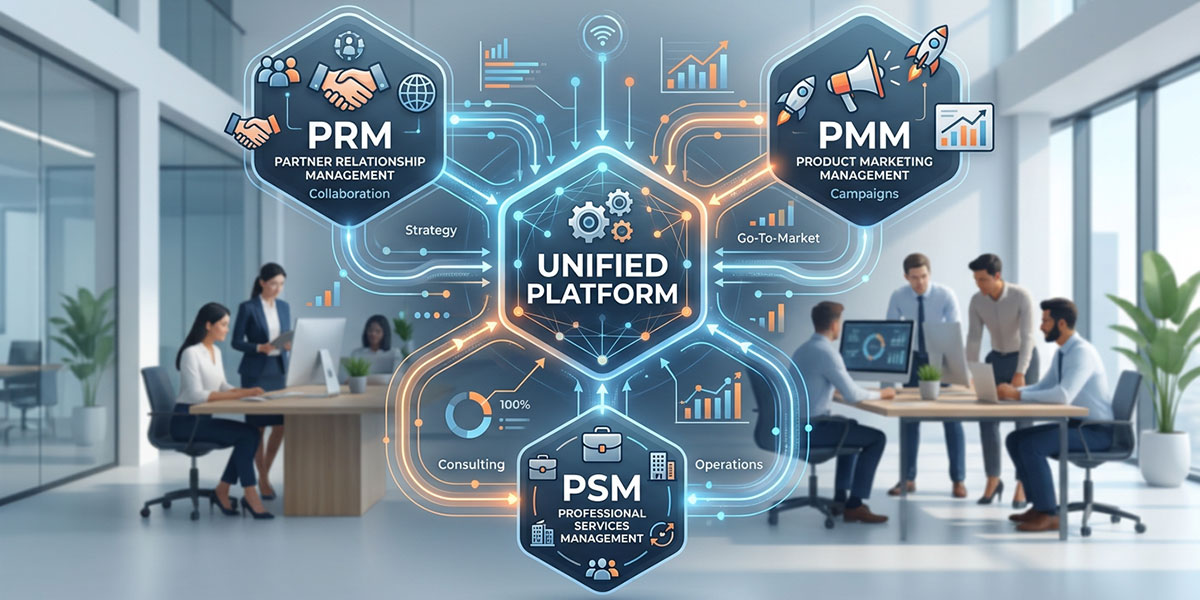 An illustration showing different modules like PRM, PMM, and PSM connecting to a central unified platform.