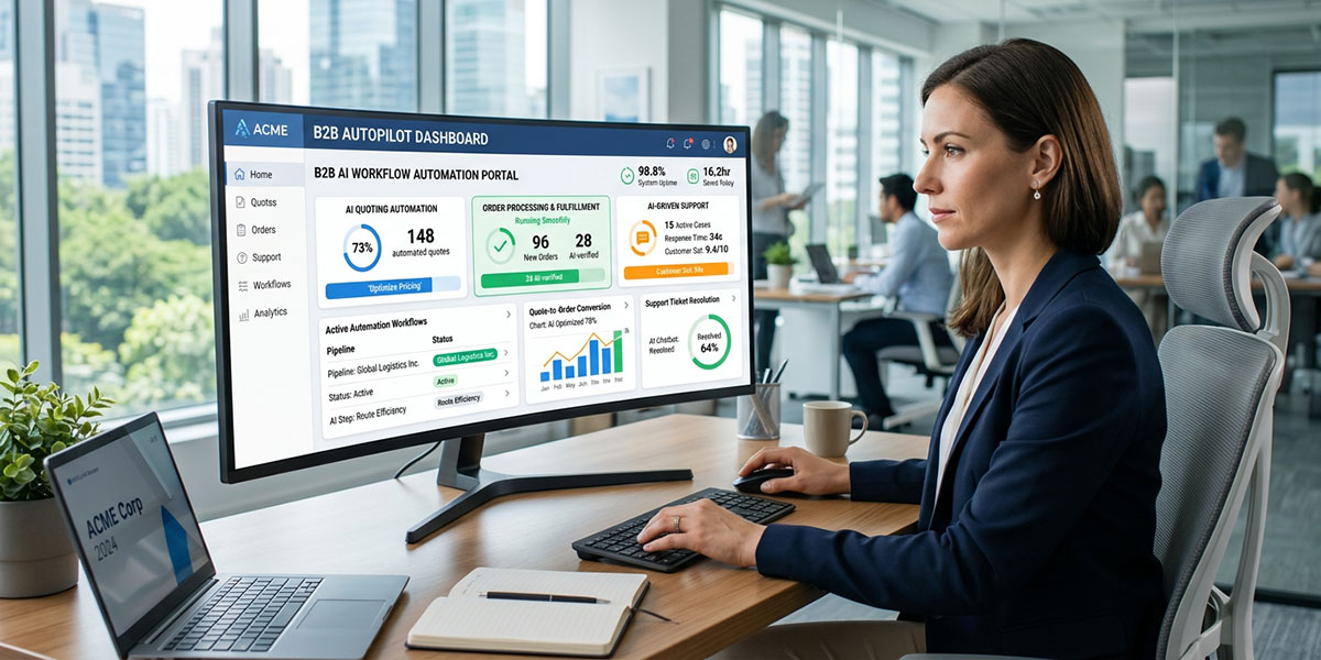 A dashboard showing AI-driven automation workflows within a B2B portal, including quoting, ordering, and support.