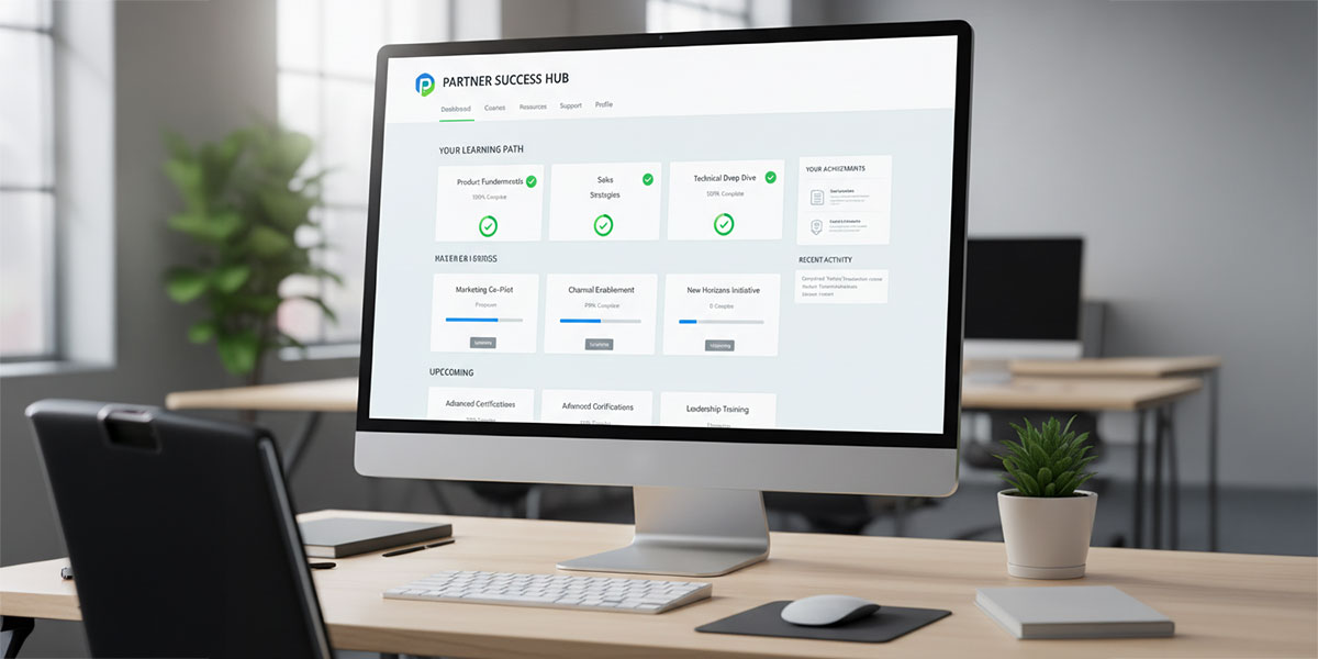 A screenshot of a partner portal's learning management system, with course modules and progress tracking.