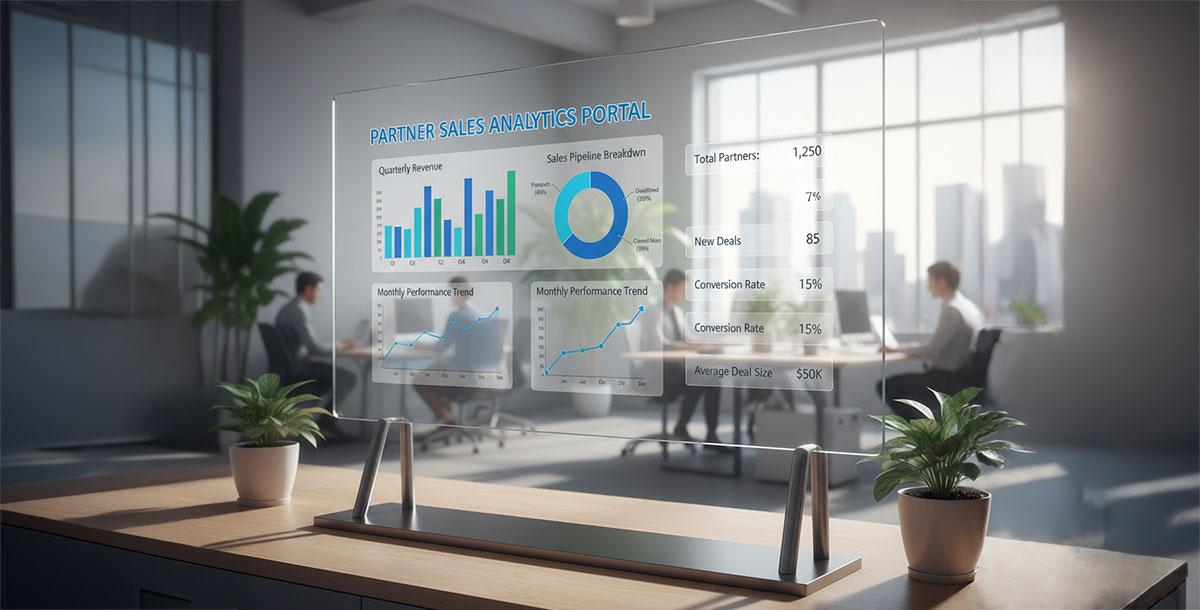 An analytics dashboard from a partner portal showing graphs and charts for sales performance and pipeline.
