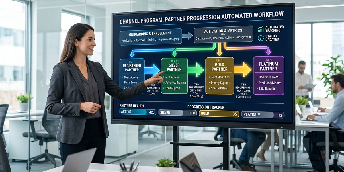 An automated workflow diagram showing partner progression through different tiers in a channel program.