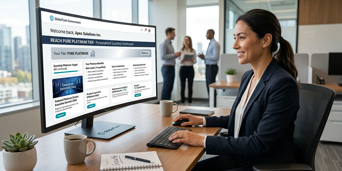 A tablet screen displaying predictive analytics charts and graphs for channel sales forecasting.