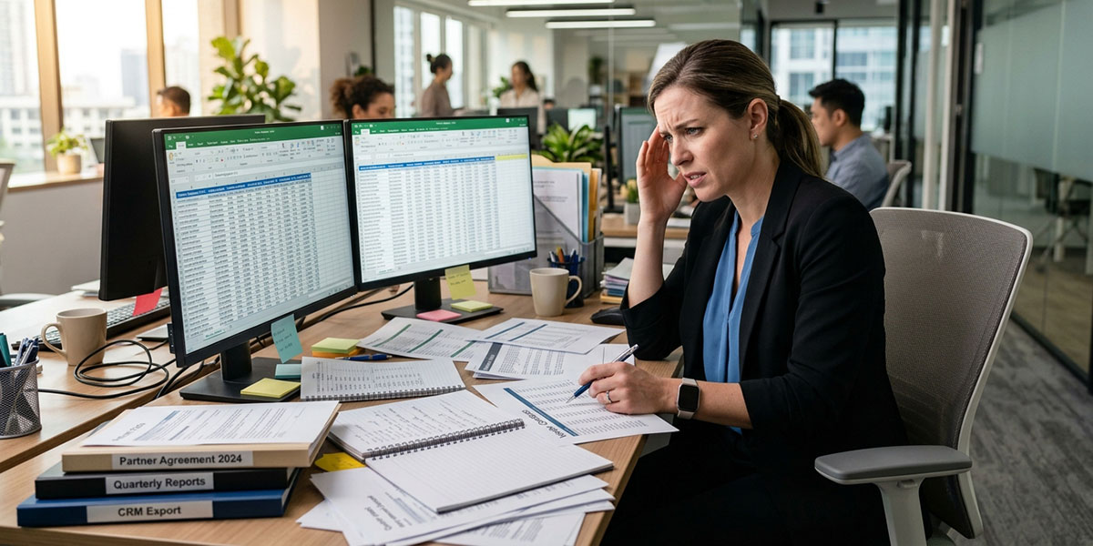 A person looking frustrated while trying to manage partner data scattered across multiple spreadsheets and documents.