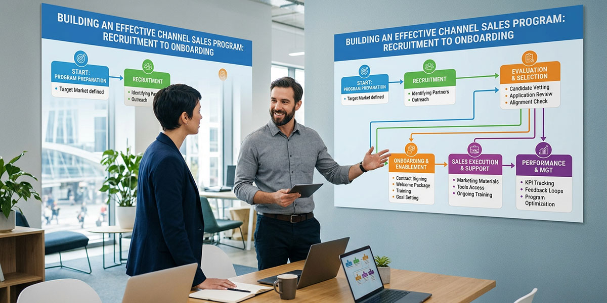 A flowchart diagram showing the steps to build an effective channel sales program, from recruitment to onboarding.