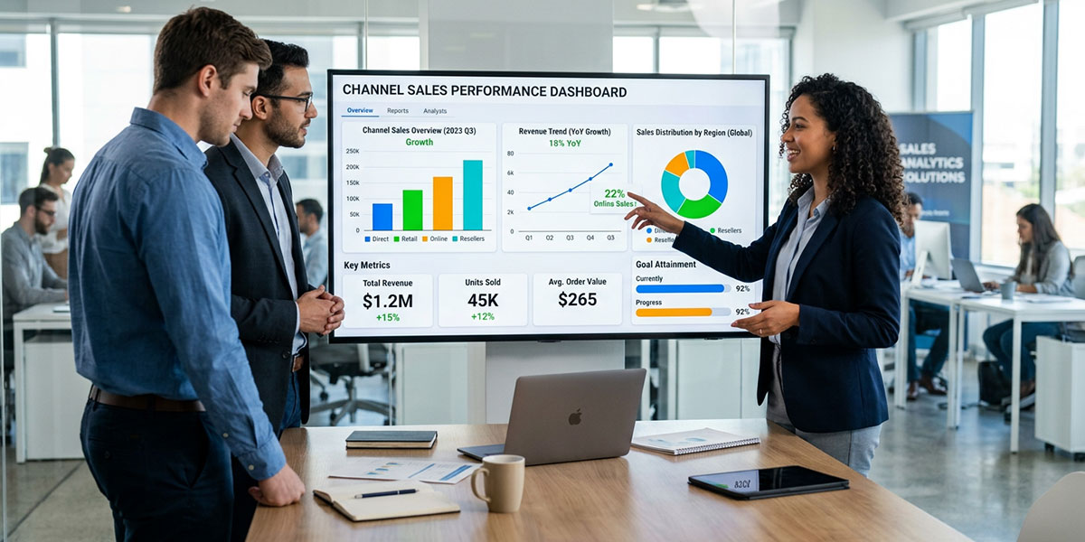 A dashboard showing channel sales performance analytics with charts and graphs indicating growth.