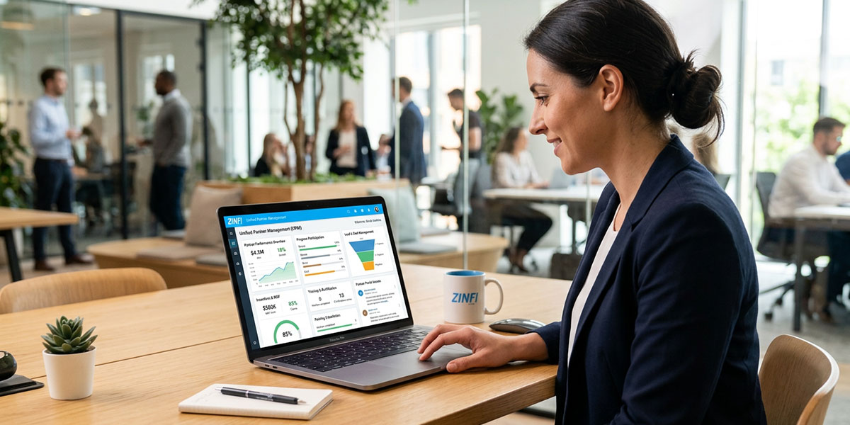 A laptop screen displaying a ZINFI Unified Partner Management dashboard with various modules.