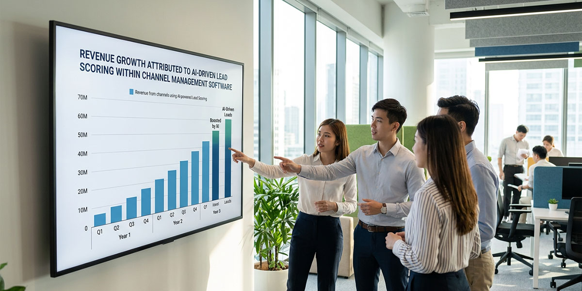 A chart illustrating revenue growth attributed to AI-driven lead scoring within channel management software.