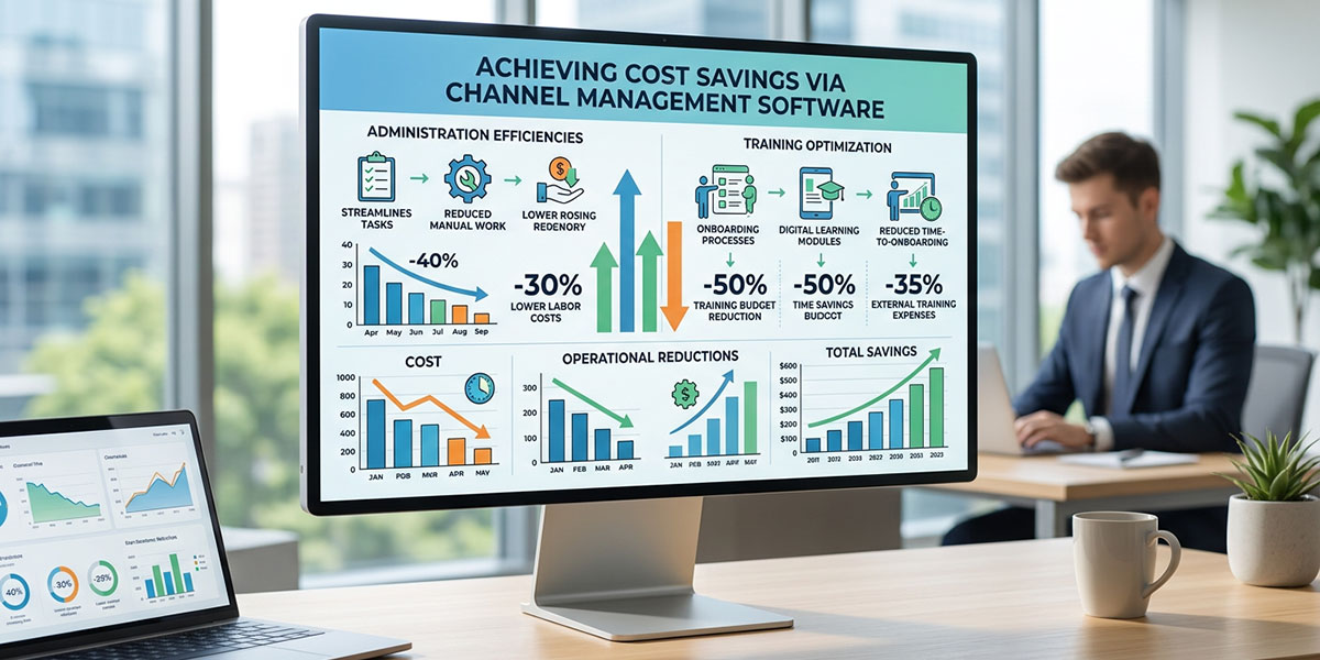 An infographic displaying cost savings in areas like administration and training by using channel management software.