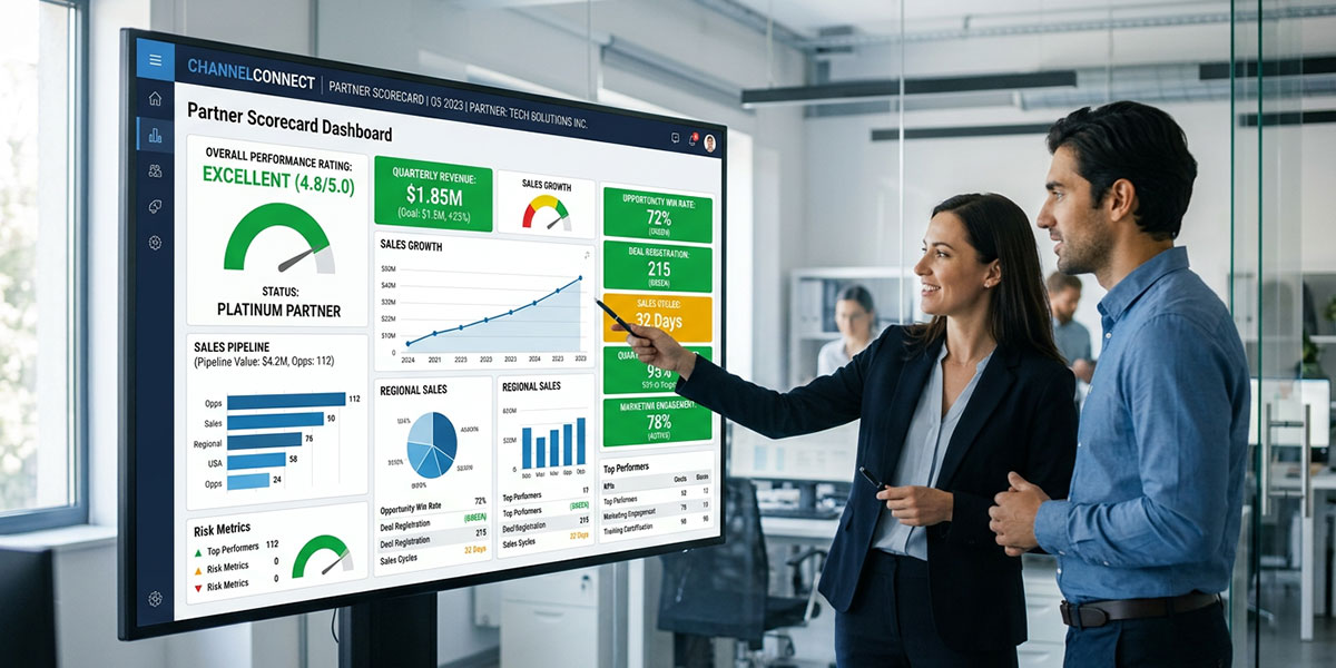A partner scorecard dashboard within a channel management software, showing KPIs and performance ratings.