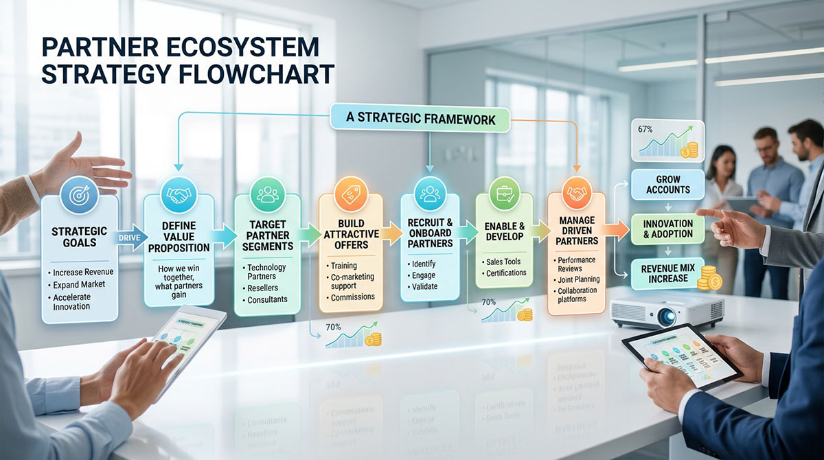 A flowchart illustrating a strategic framework for a partner ecosystem, from goals to partner profiles.