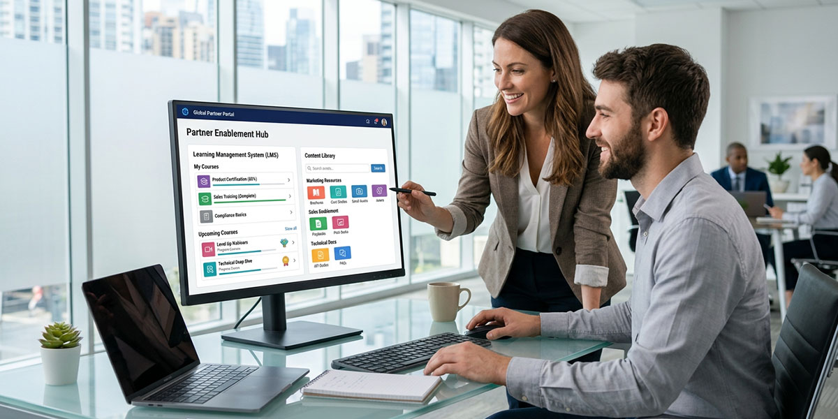 An interface showing automated partner enablement tools, including a learning management system and a content library.