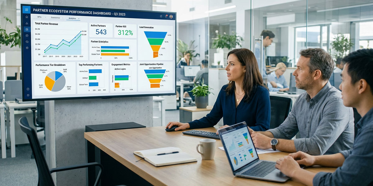 A dashboard with charts and graphs displaying partner performance analytics and key KPIs for a partner ecosystem.