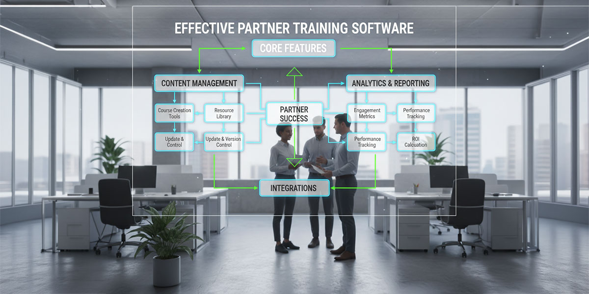 A flowchart showing the core features of an effective partner training software, including content management and analytics.