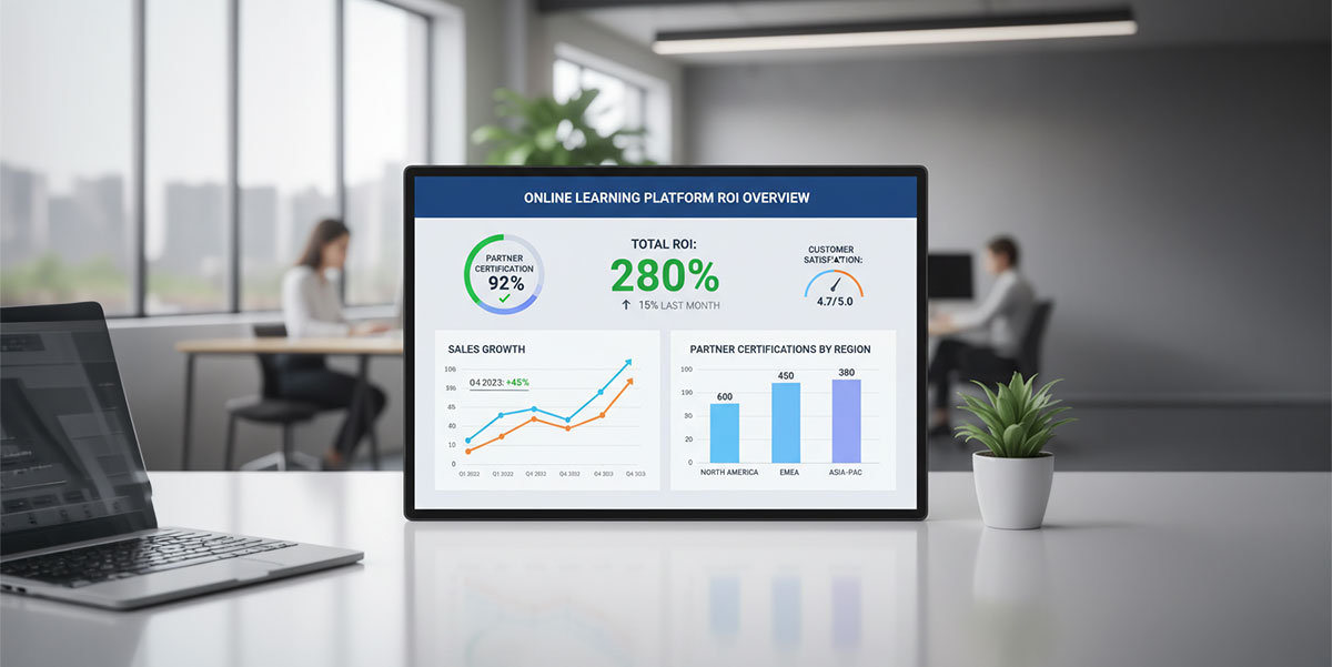 A dashboard showing ROI metrics from an online learning platform, with charts for sales growth and partner certification.