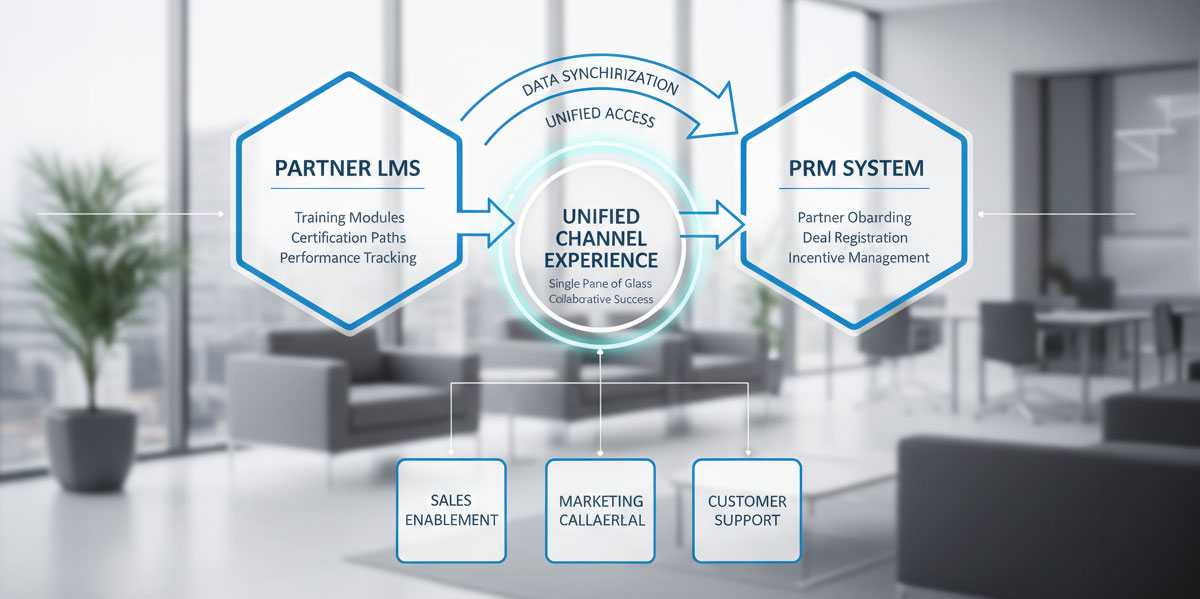 A diagram illustrating the integration of a partner LMS with a PRM system for a unified channel management experience.