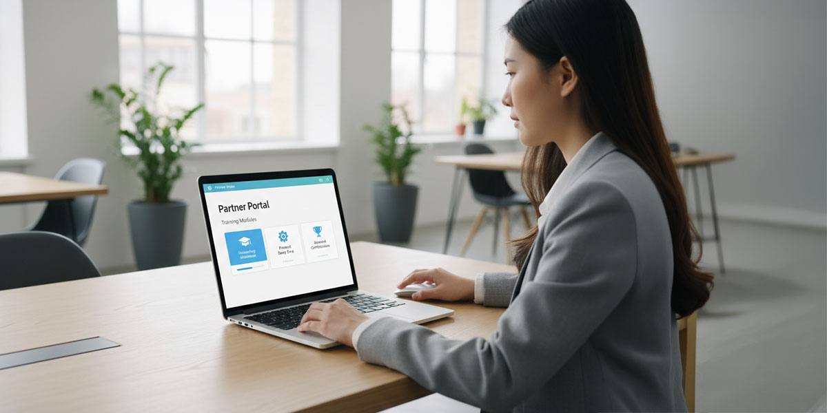 A user interacting with a partner portal on a laptop, showing training modules.