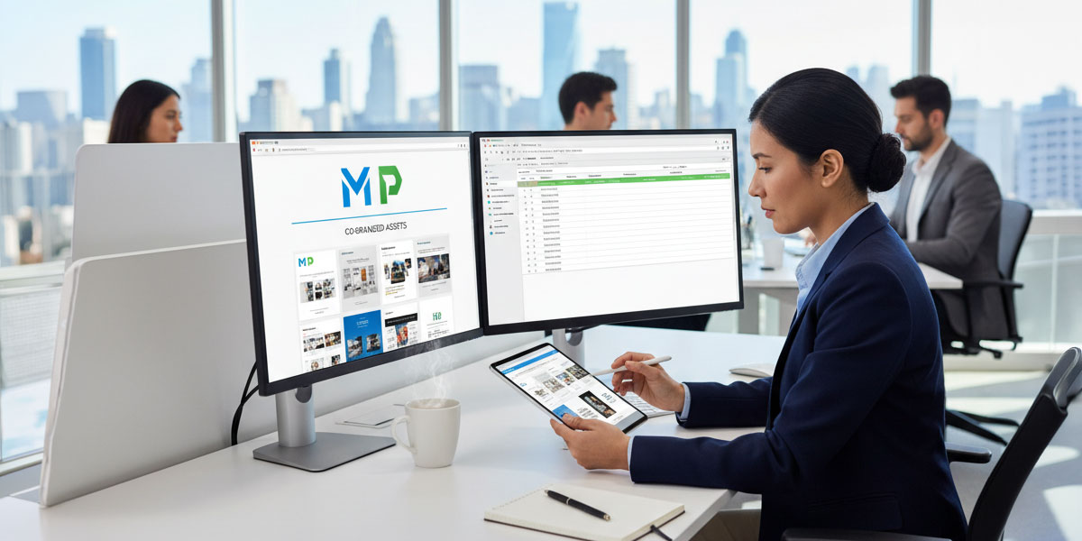A marketing manager reviewing co-branded assets on a partner portal.