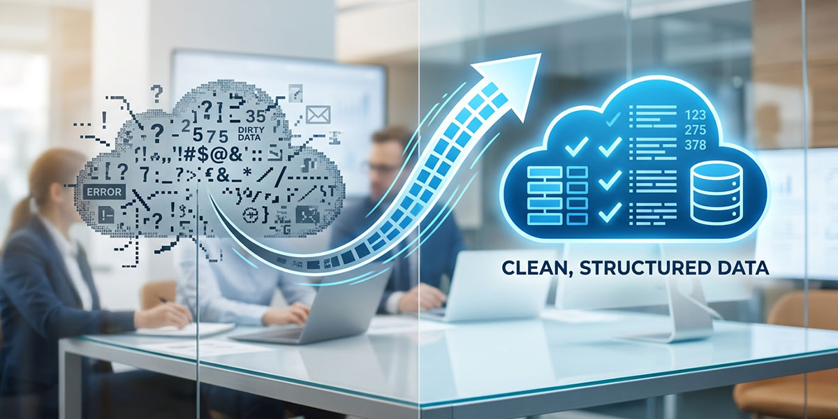 An icon representing data cleansing, with a dirty data cloud transforming into a clean, structured one.