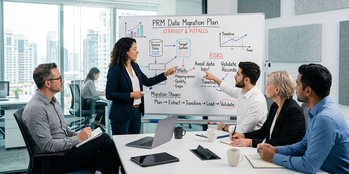 A team of professionals collaborating around a whiteboard to strategize and avoid pitfalls in a PRM data migration plan.